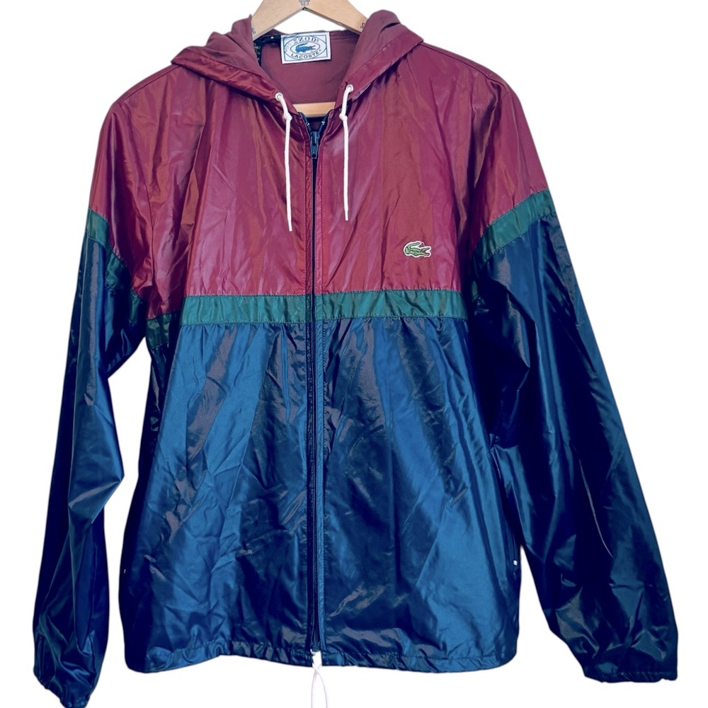 Vintage Izod Lacoste Nylon Maroon Green Blue Windbreaker Hood Jacket sz S Men